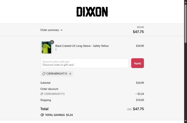 Dixxon Flannel checkout page showing Dixxon Flannel discount code box | Screenshot taken by SimplyCodes community member on Aug 23, 2025