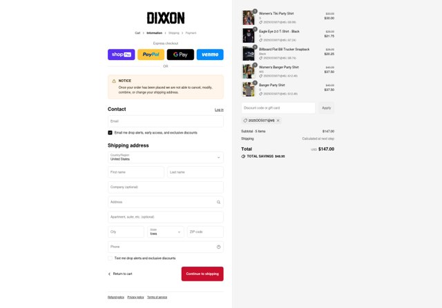 Dixxon Flannel checkout page showing Dixxon Flannel discount code box | Screenshot taken by SimplyCodes community member on Aug 24, 2025