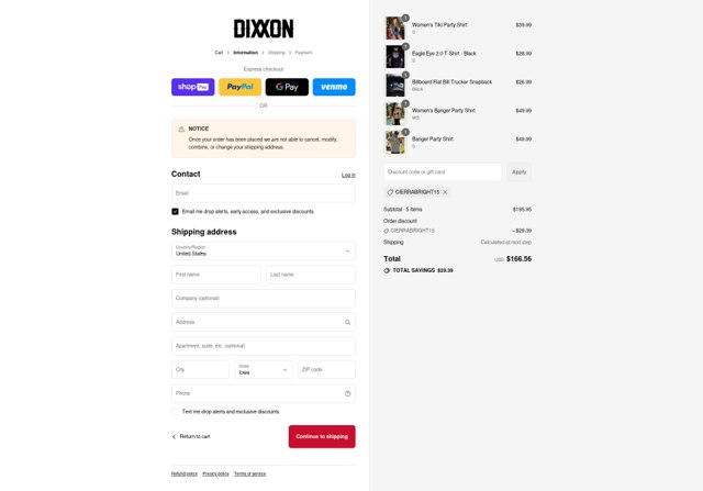 Dixxon Flannel checkout page showing Dixxon Flannel discount code box | Screenshot taken by SimplyCodes community member on Aug 23, 2025