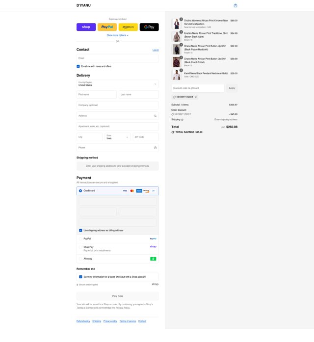 D'iyanu checkout page showing D'iyanu coupon code box | Screenshot taken by SimplyCodes community member on Aug 28, 2025