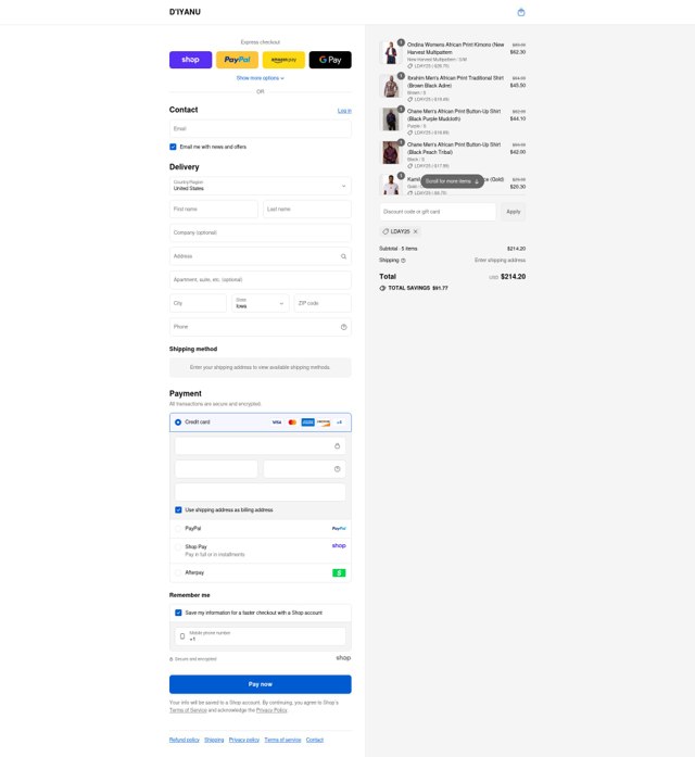 D'iyanu checkout page showing D'iyanu coupon code box | Screenshot taken by SimplyCodes community member on Aug 28, 2025