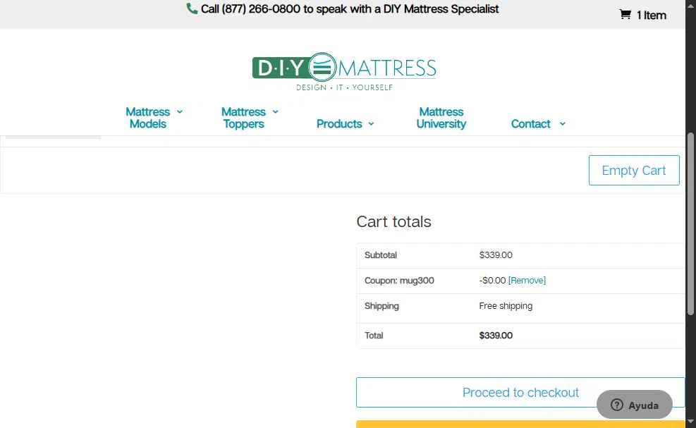 DIY Mattress checkout page showing DIY Mattress promo code box | Screenshot taken by SimplyCodes community member on Jul 16, 2025
