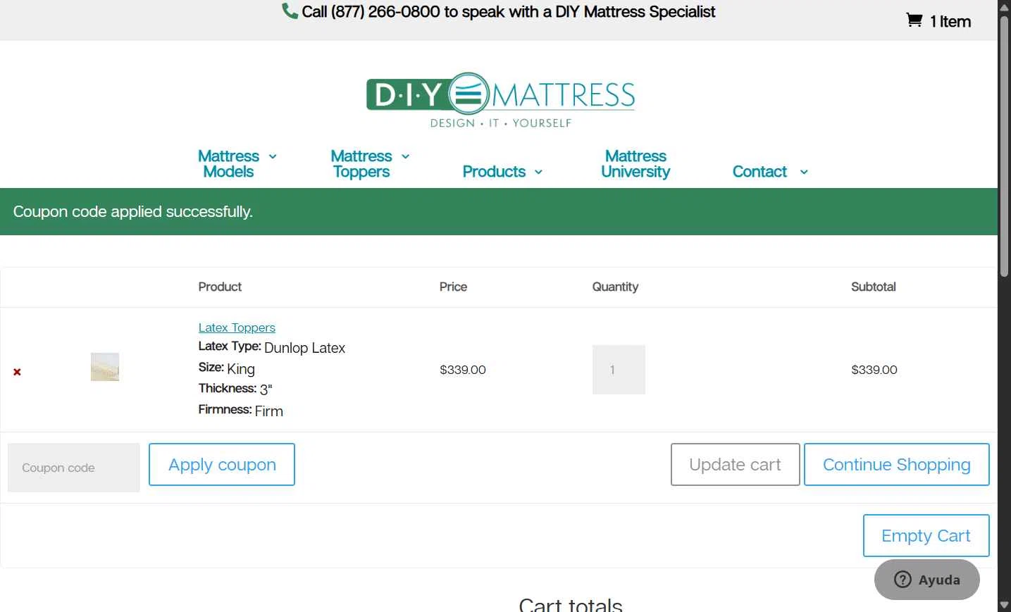DIY Mattress checkout page showing DIY Mattress promo code box | Screenshot taken by SimplyCodes community member on Jan 10, 2026
