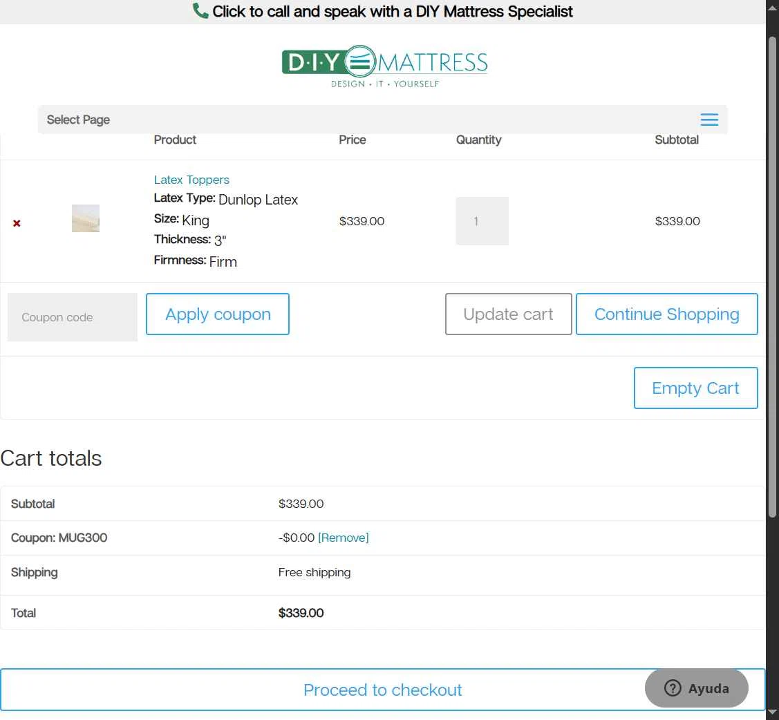 DIY Mattress checkout page showing DIY Mattress promo code box | Screenshot taken by SimplyCodes community member on Jun 12, 2025