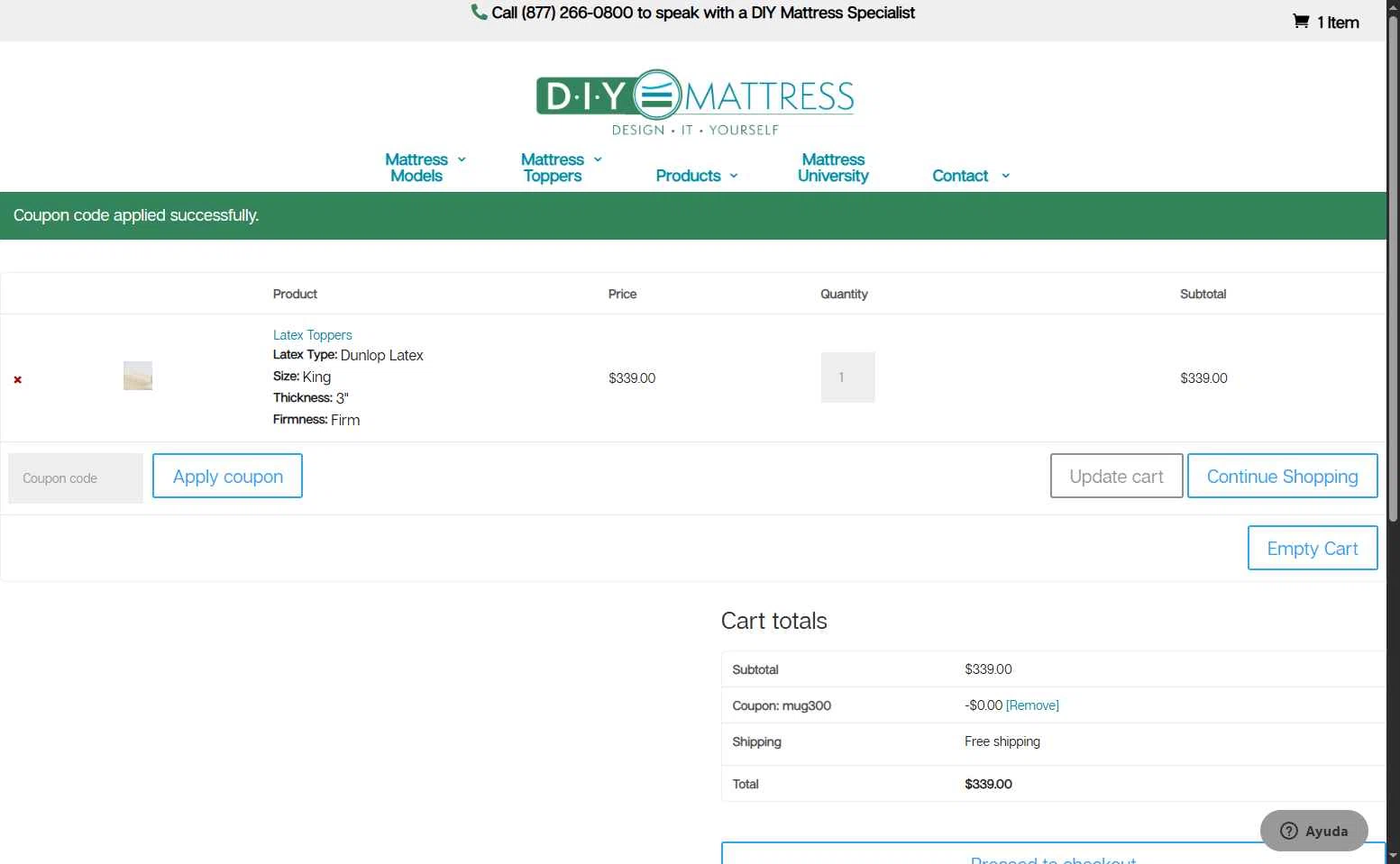 DIY Mattress checkout page showing DIY Mattress promo code box | Screenshot taken by SimplyCodes community member on Aug 25, 2025