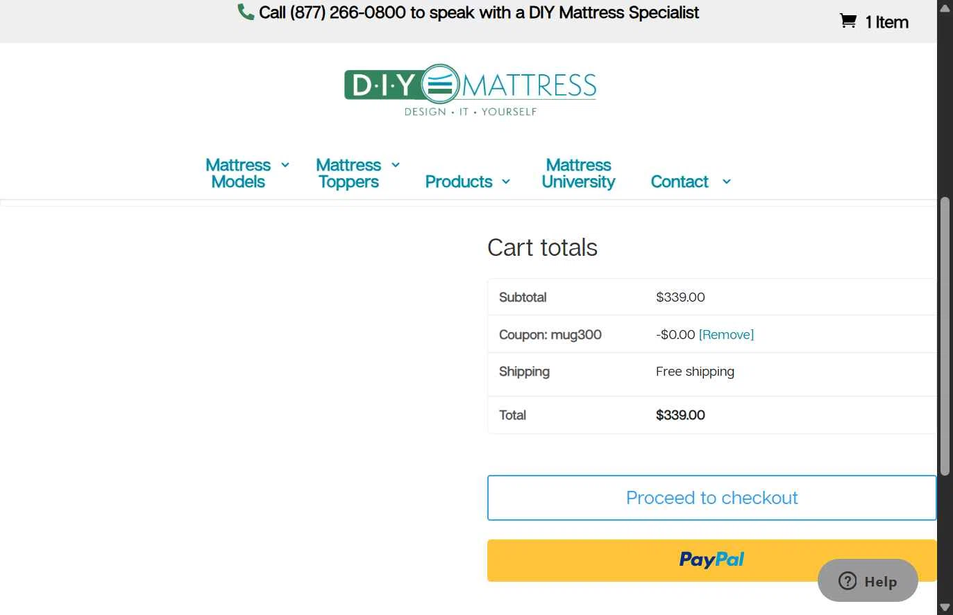 DIY Mattress checkout page showing DIY Mattress promo code box | Screenshot taken by SimplyCodes community member on Sep 9, 2025