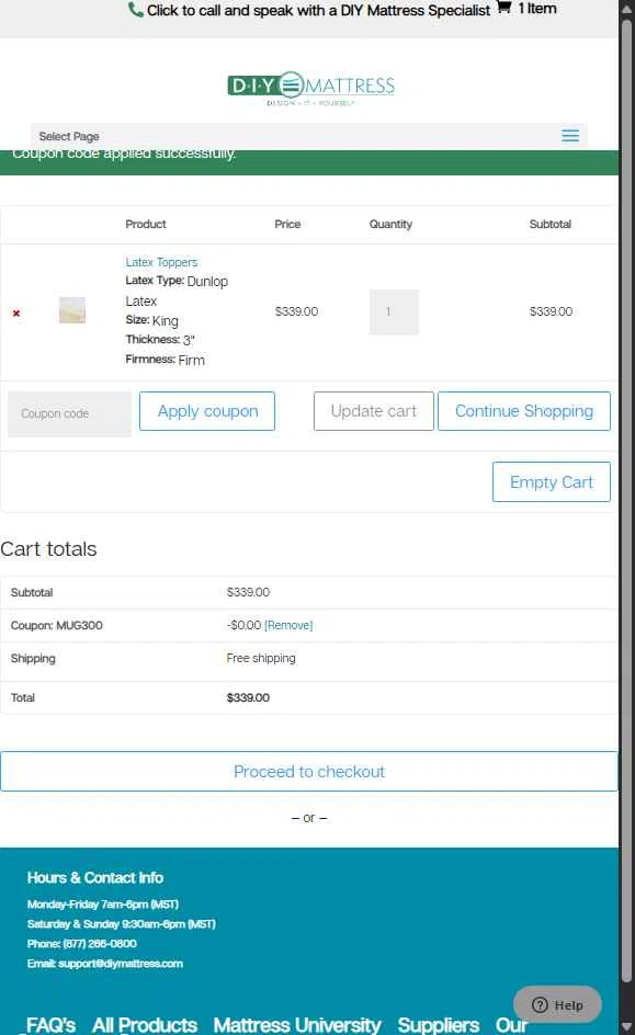DIY Mattress checkout page showing DIY Mattress promo code box | Screenshot taken by SimplyCodes community member on Jul 3, 2025