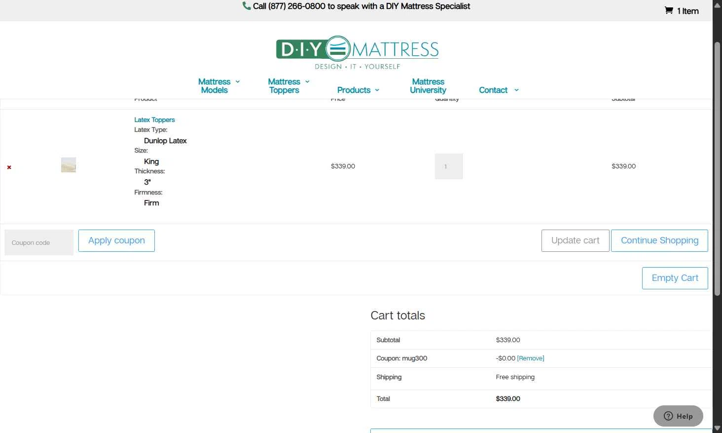 DIY Mattress checkout page showing DIY Mattress promo code box | Screenshot taken by SimplyCodes community member on Jul 16, 2025