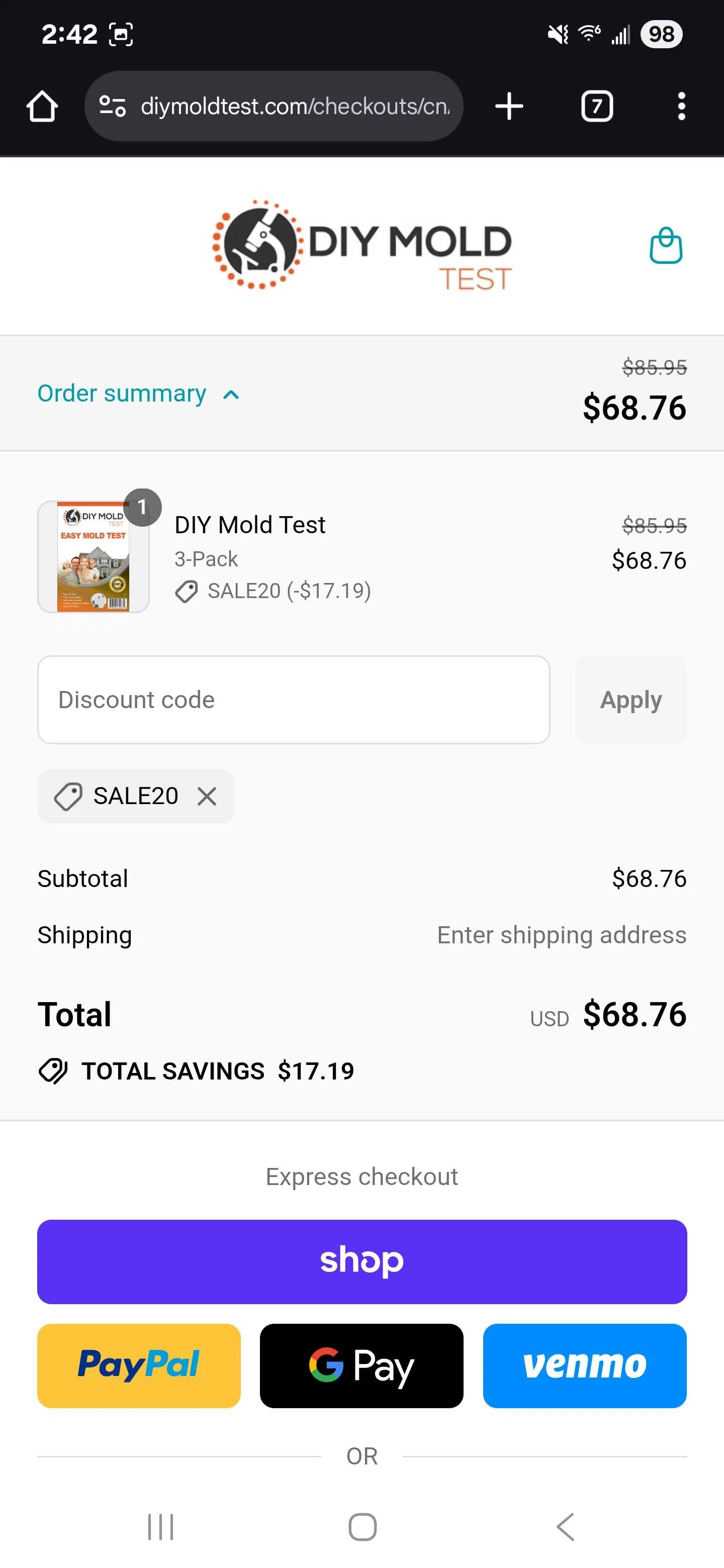 DIY Mold Test promo code screenshot showing code SALE20 applied at DIY Mold Test checkout page. Uploaded by SimplyCodes community member BonusPhoenix8561 on Aug 30, 2025