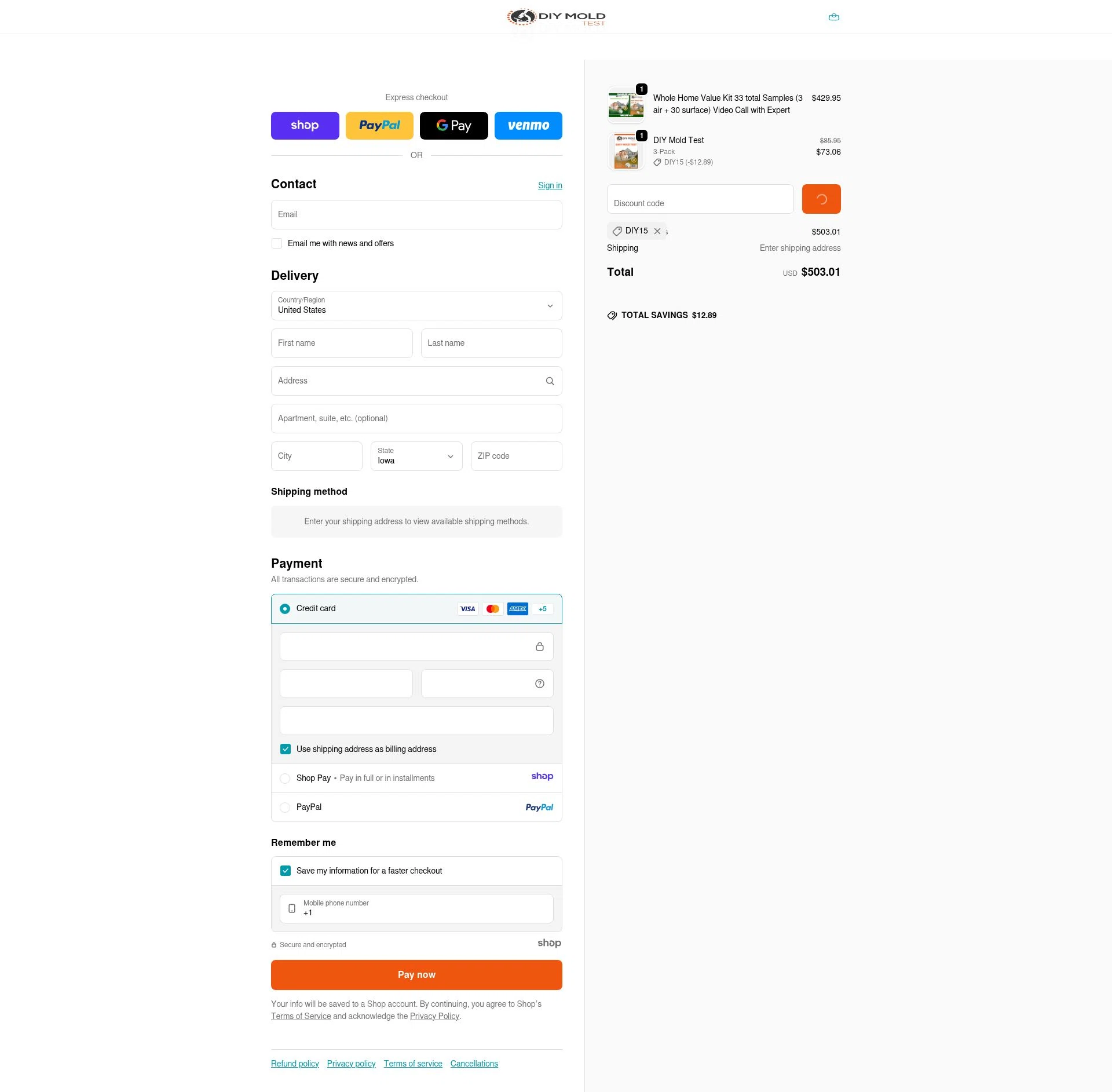 DIY Mold Test checkout page showing DIY Mold Test promo code box | Screenshot taken by SimplyCodes community member on Dec 25, 2025