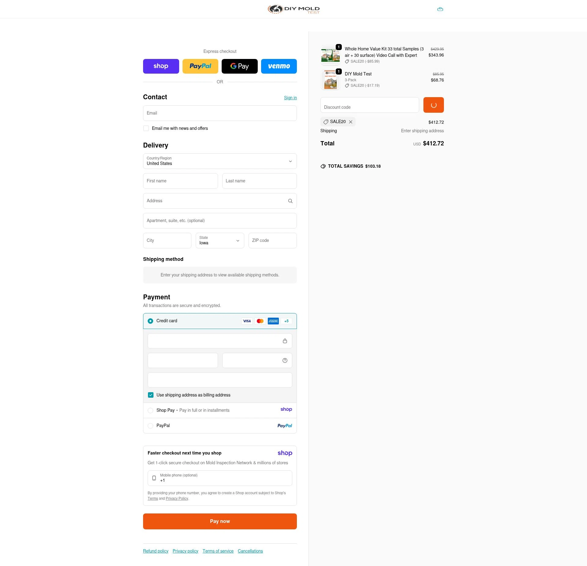 DIY Mold Test checkout page showing DIY Mold Test promo code box | Screenshot taken by SimplyCodes community member on Jan 9, 2026