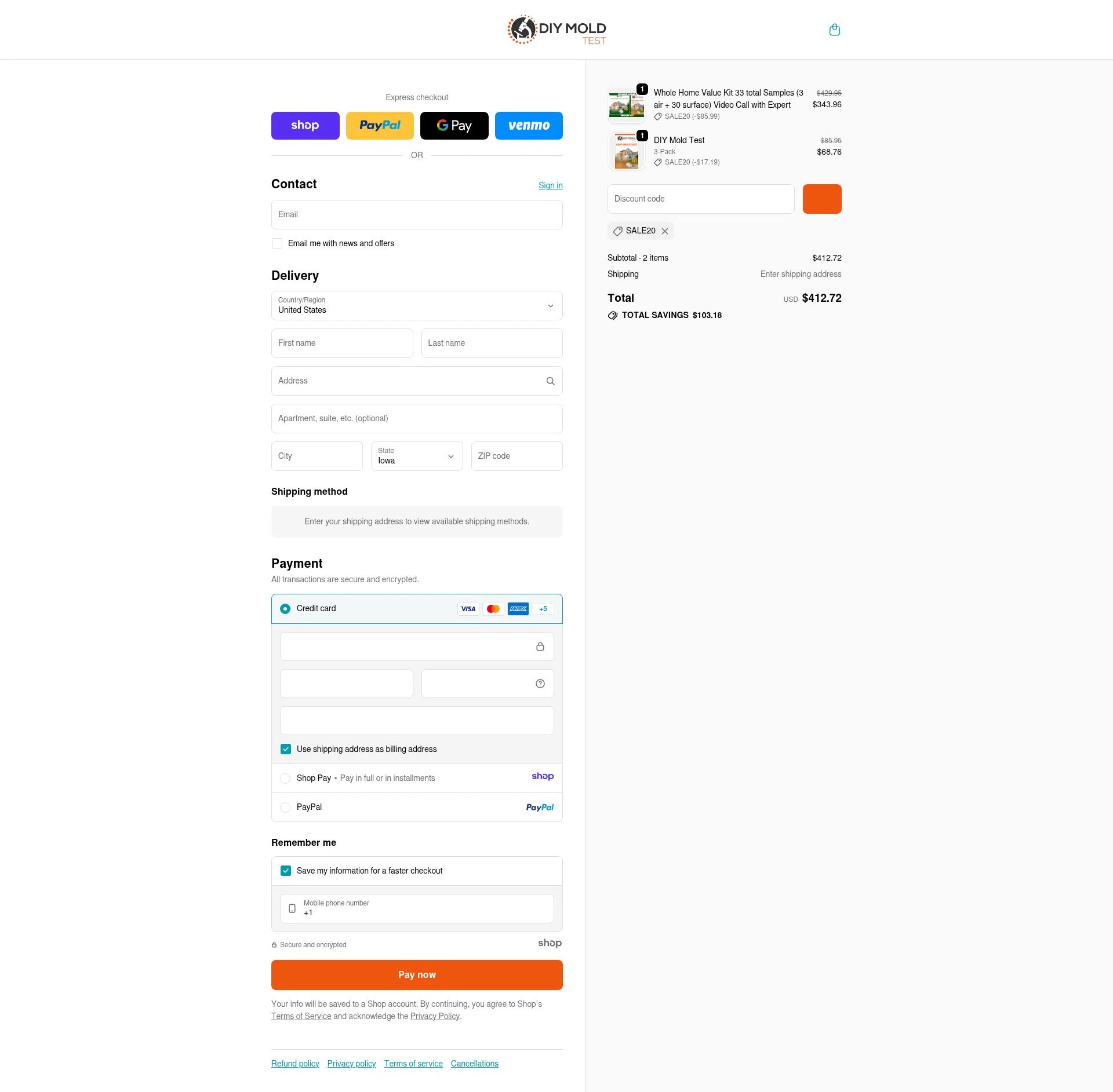 DIY Mold Test checkout page showing DIY Mold Test promo code box | Screenshot taken by SimplyCodes community member on Dec 30, 2025