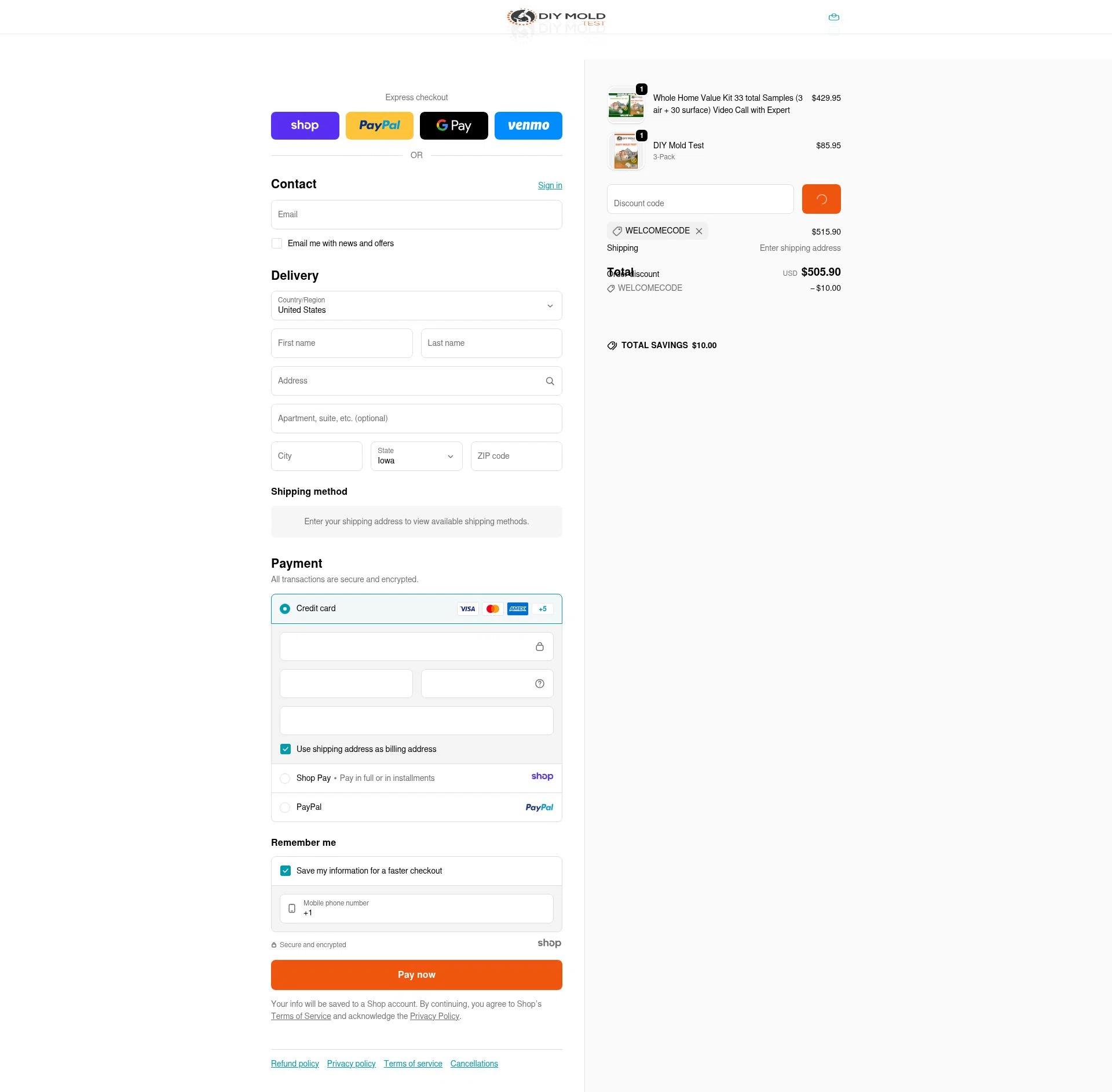 DIY Mold Test checkout page showing DIY Mold Test promo code box | Screenshot taken by SimplyCodes community member on Jan 4, 2026