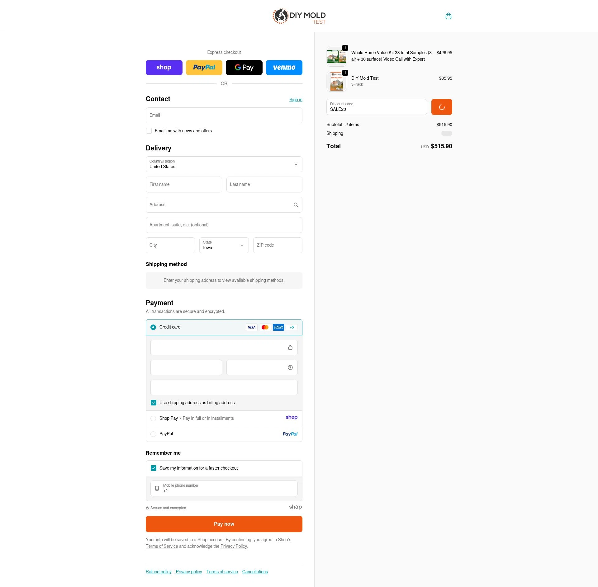DIY Mold Test checkout page showing DIY Mold Test promo code box | Screenshot taken by SimplyCodes community member on Jan 4, 2026