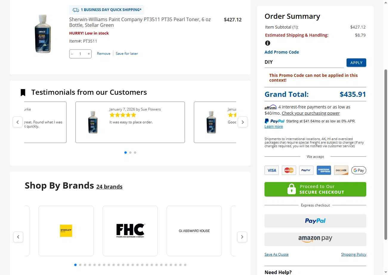 DK Hardware Supply checkout page showing DK Hardware Supply promo code box | Screenshot taken by SimplyCodes community member on Jan 8, 2026