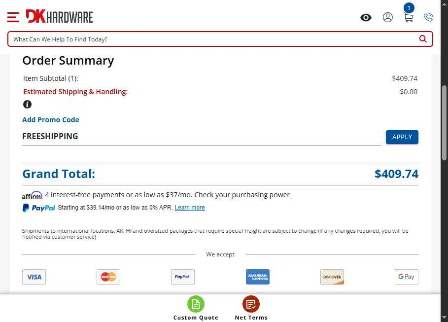 DK Hardware Supply checkout page showing DK Hardware Supply promo code box | Screenshot taken by SimplyCodes community member on Dec 14, 2025