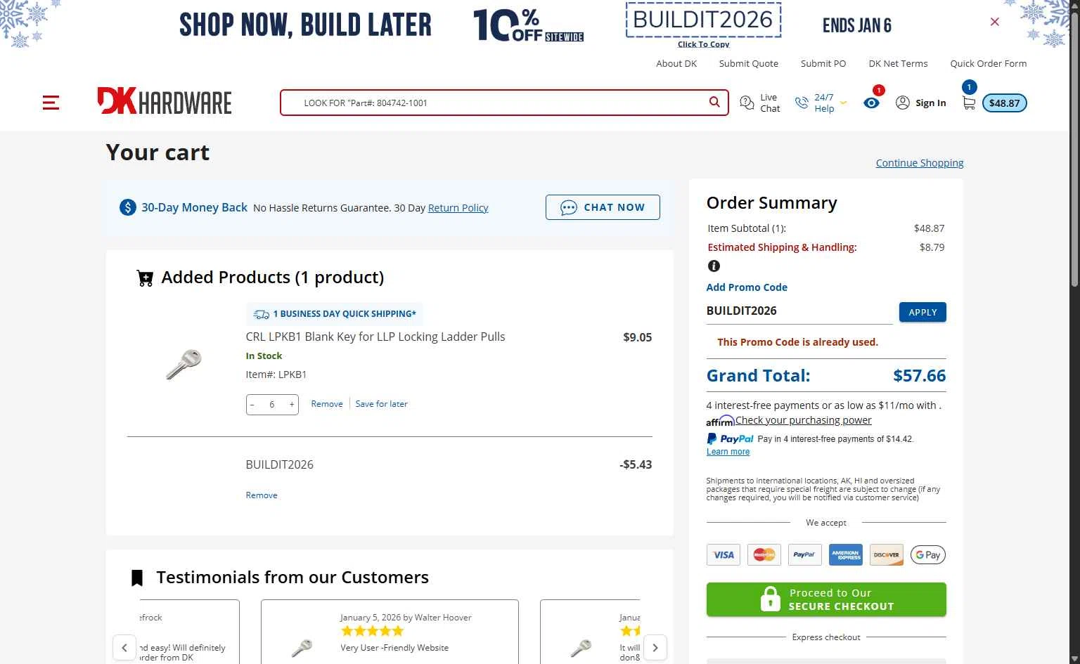 DK Hardware Supply checkout page showing DK Hardware Supply promo code box | Screenshot taken by SimplyCodes community member on Jan 6, 2026