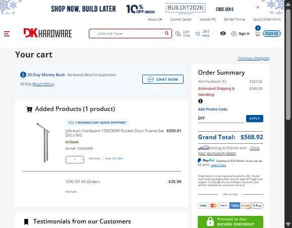 DK Hardware Supply checkout page showing DK Hardware Supply promo code box | Screenshot taken by SimplyCodes community member on Dec 27, 2025