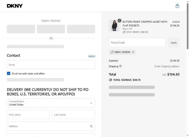 DKNY checkout page showing DKNY promo code box | Screenshot taken by SimplyCodes community member on Aug 28, 2025