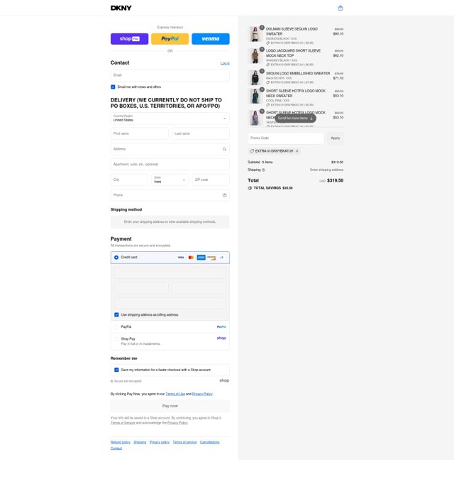DKNY checkout page showing DKNY promo code box | Screenshot taken by SimplyCodes community member on Aug 27, 2025