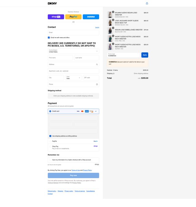 DKNY checkout page showing DKNY promo code box | Screenshot taken by SimplyCodes community member on Aug 27, 2025