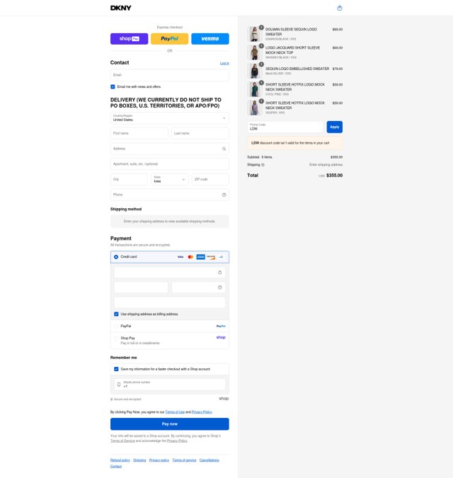 DKNY checkout page showing DKNY promo code box | Screenshot taken by SimplyCodes community member on Aug 23, 2025