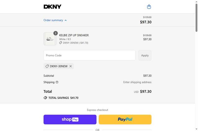 DKNY checkout page showing DKNY promo code box | Screenshot taken by SimplyCodes community member on Aug 24, 2025
