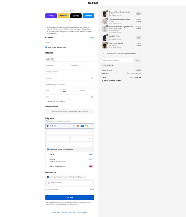 DL1961 checkout page showing DL1961 coupon code box | Screenshot taken by SimplyCodes community member on Aug 29, 2025