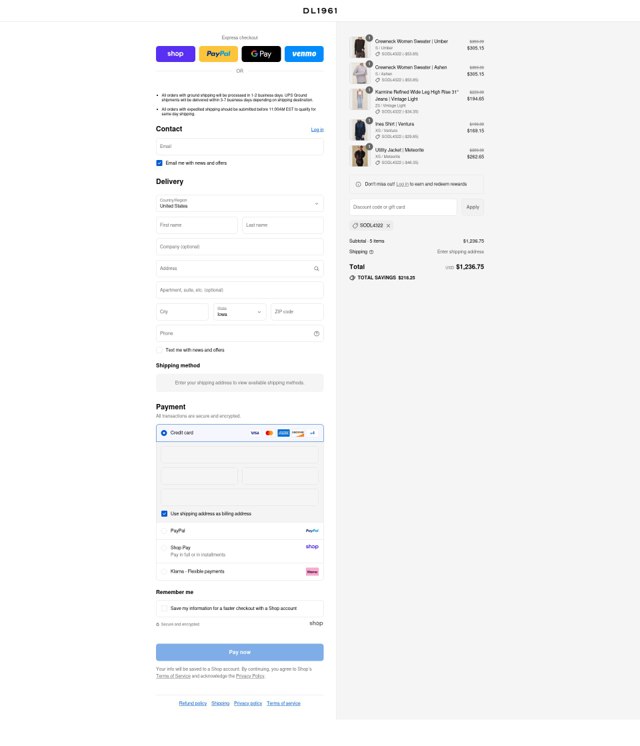 DL1961 checkout page showing DL1961 coupon code box | Screenshot taken by SimplyCodes community member on Aug 29, 2025