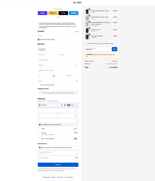 DL1961 checkout page showing DL1961 coupon code box | Screenshot taken by SimplyCodes community member on Aug 29, 2025