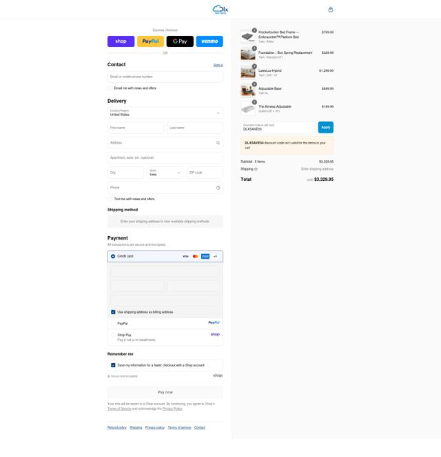 DLX Mattress checkout page showing DLX Mattress coupon code box | Screenshot taken by SimplyCodes community member on Sep 12, 2025
