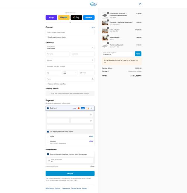 DLX Mattress checkout page showing DLX Mattress coupon code box | Screenshot taken by SimplyCodes community member on Sep 8, 2025