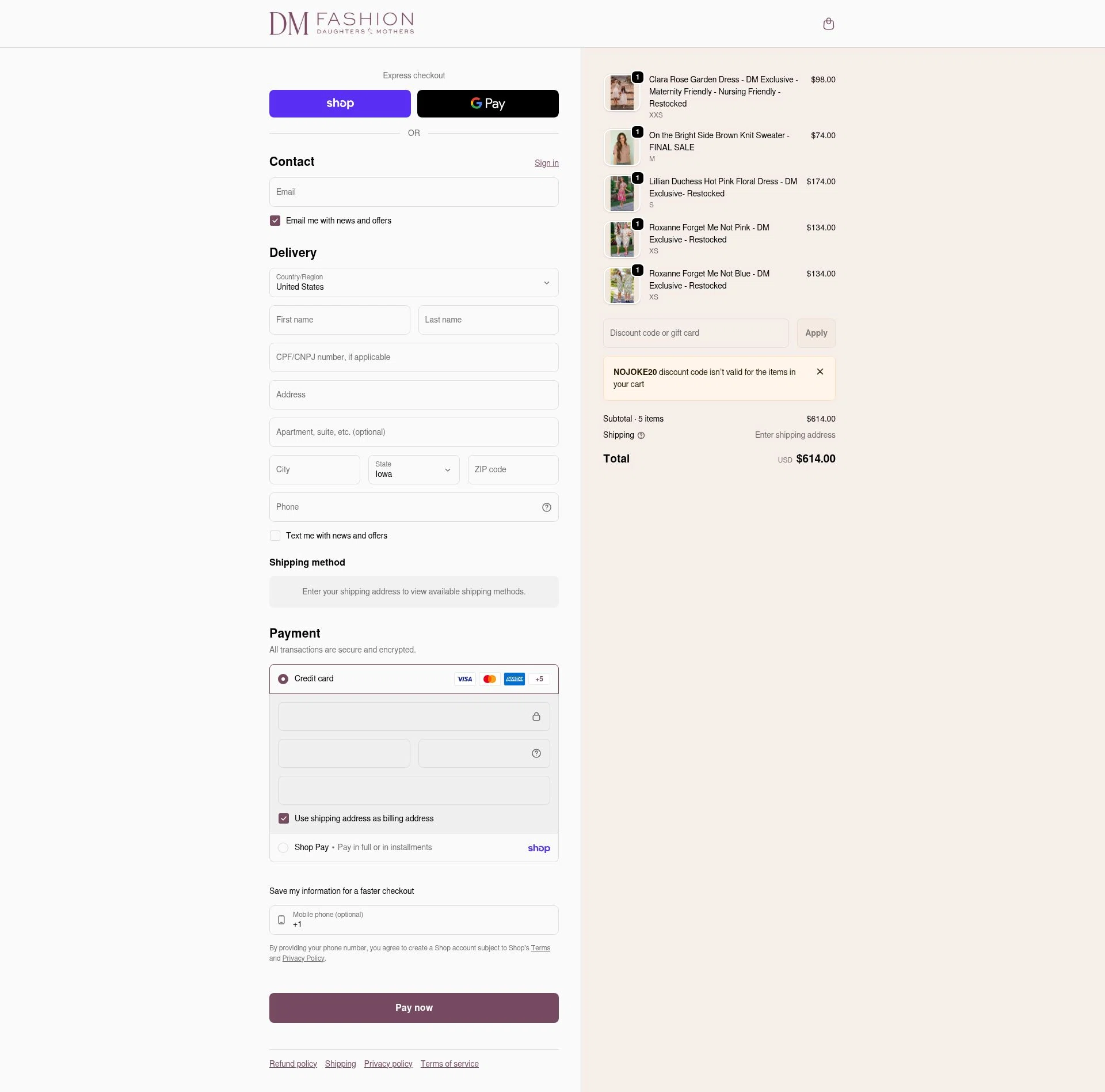 DM Fashion checkout page showing DM Fashion promo code box | Screenshot taken by SimplyCodes community member on Feb 18, 2026