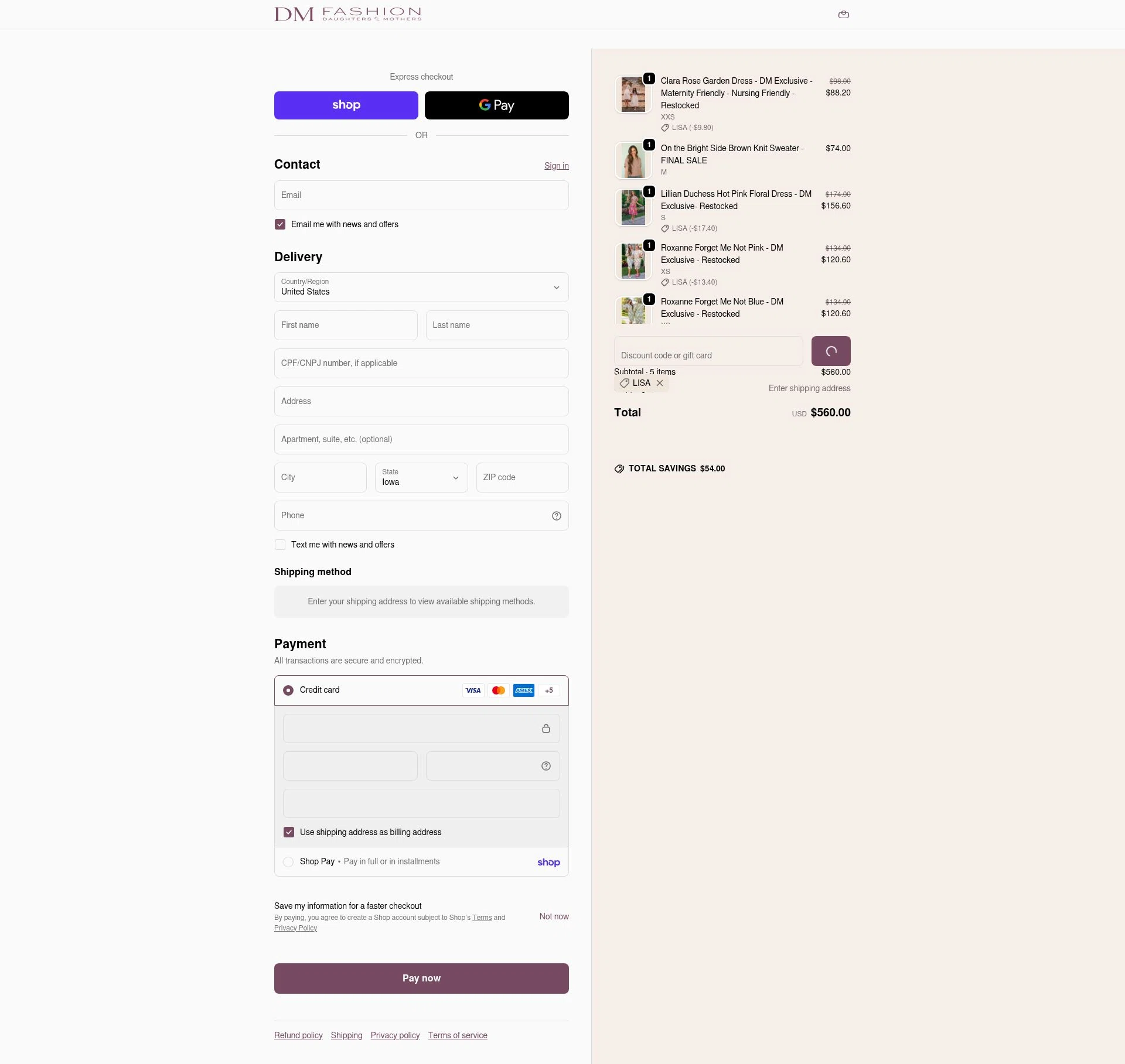 DM Fashion checkout page showing DM Fashion promo code box | Screenshot taken by SimplyCodes community member on Feb 14, 2026