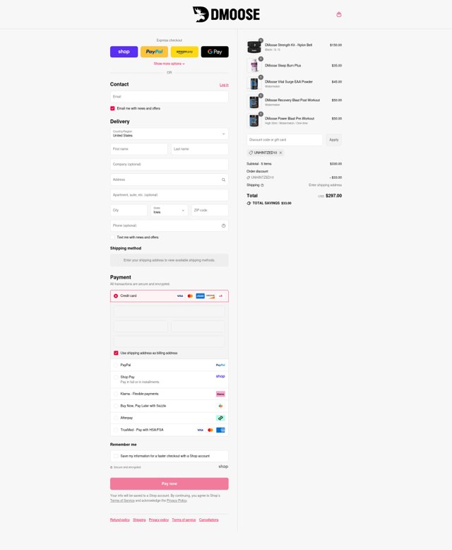 DMoose checkout page showing DMoose discount code box | Screenshot taken by SimplyCodes community member on Sep 7, 2025
