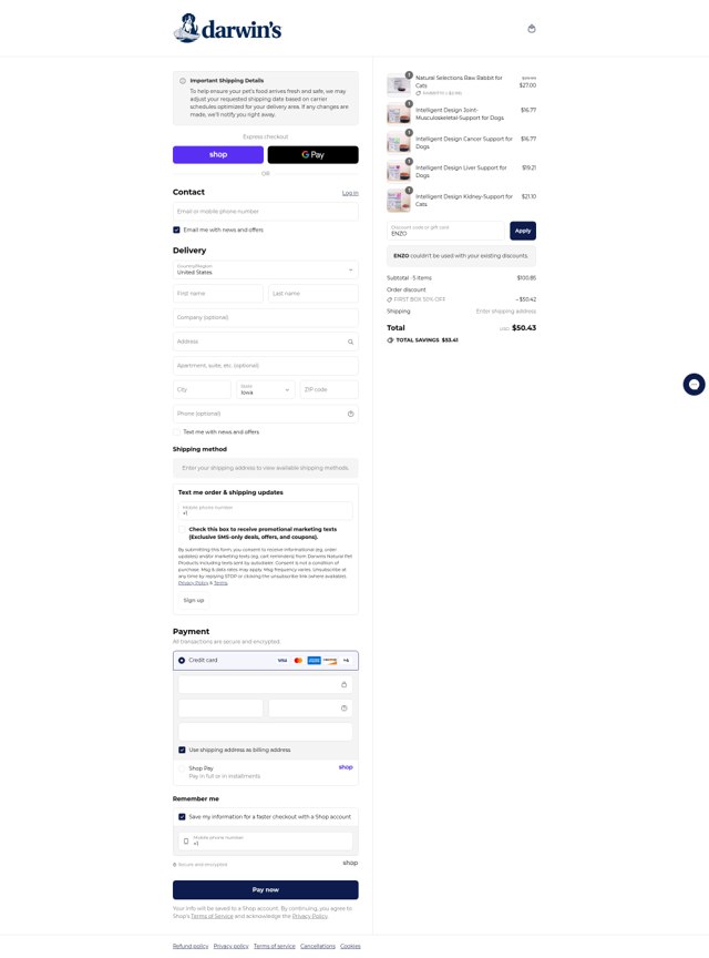 Darwin's Natural Pet Products checkout page showing Darwin's Natural Pet Products promo code box | Screenshot taken by SimplyCodes community member on Sep 8, 2025