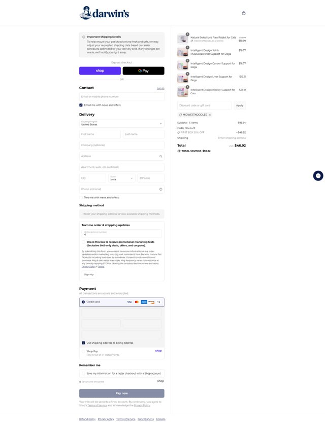 Darwin's Natural Pet Products checkout page showing Darwin's Natural Pet Products promo code box | Screenshot taken by SimplyCodes community member on Sep 8, 2025