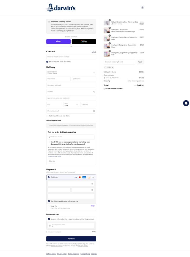 Darwin's Natural Pet Products checkout page showing Darwin's Natural Pet Products promo code box | Screenshot taken by SimplyCodes community member on Sep 8, 2025