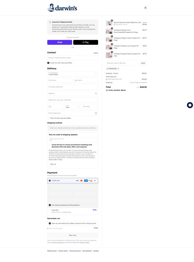 Darwin's Natural Pet Products checkout page showing Darwin's Natural Pet Products promo code box | Screenshot taken by SimplyCodes community member on Sep 8, 2025