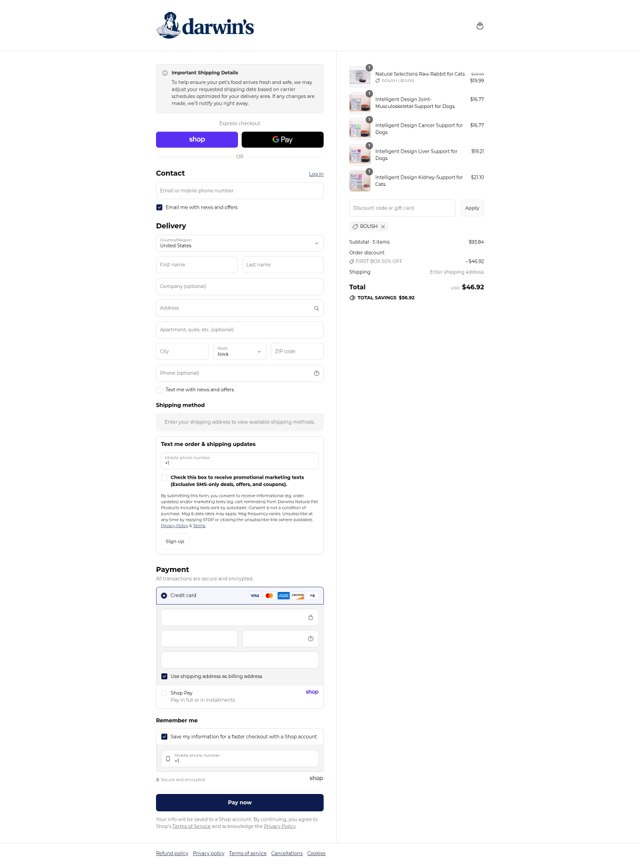 Darwin's Natural Pet Products checkout page showing Darwin's Natural Pet Products promo code box | Screenshot taken by SimplyCodes community member on Sep 8, 2025