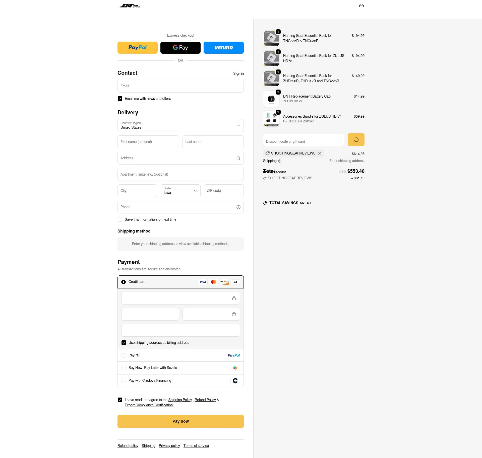 DNT Optics checkout page showing DNT Optics discount code box | Screenshot taken by SimplyCodes community member on Jan 7, 2026