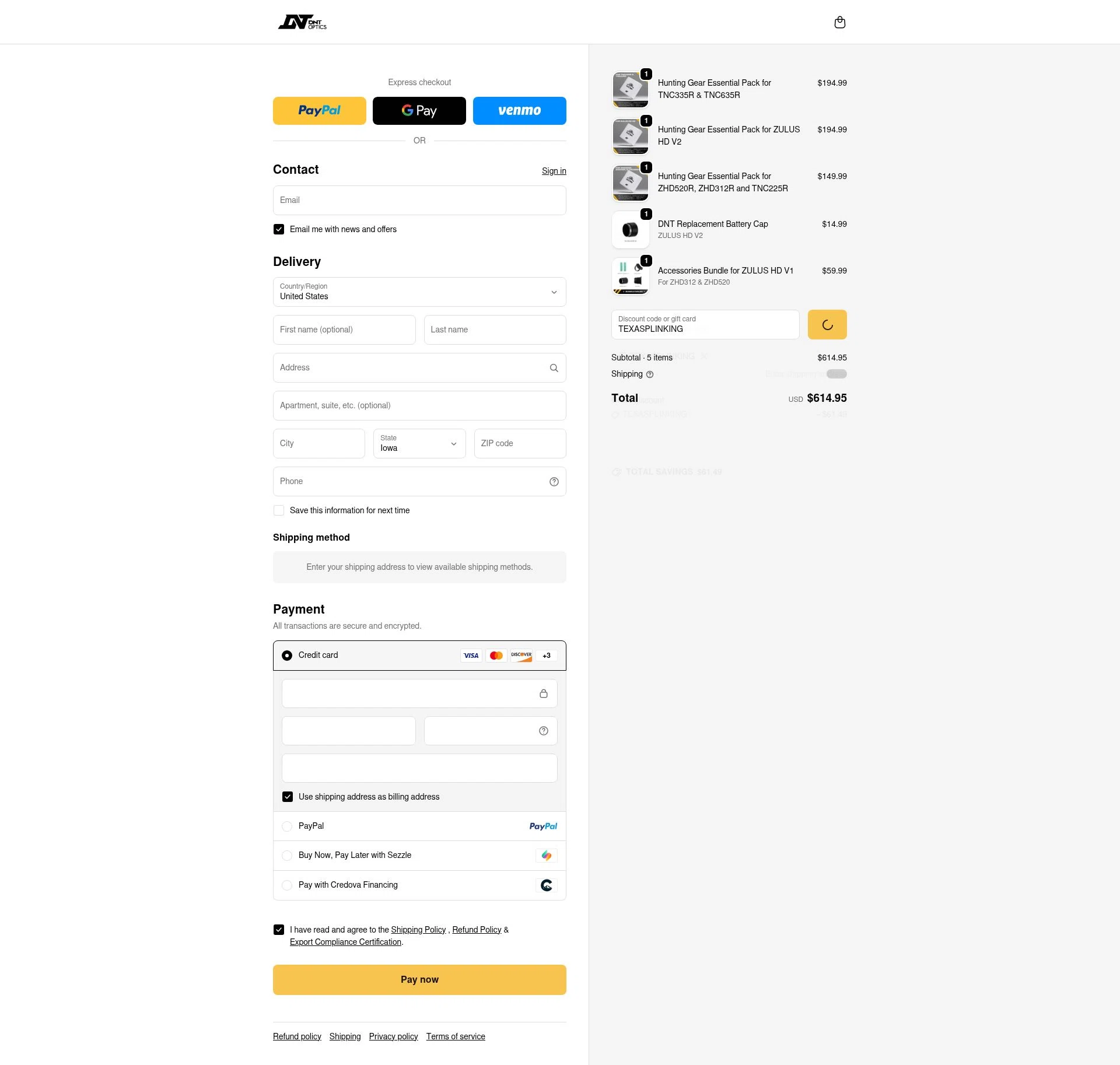 DNT Optics checkout page showing DNT Optics discount code box | Screenshot taken by SimplyCodes community member on Jan 7, 2026