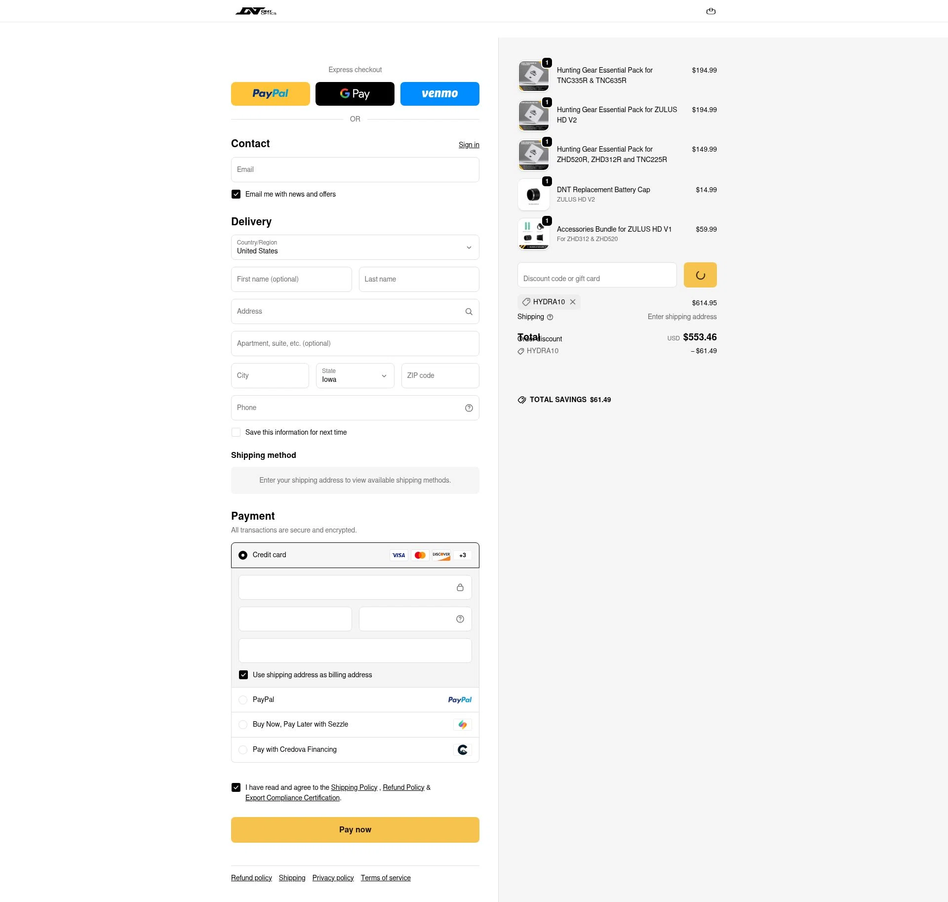 DNT Optics checkout page showing DNT Optics discount code box | Screenshot taken by SimplyCodes community member on Jan 7, 2026