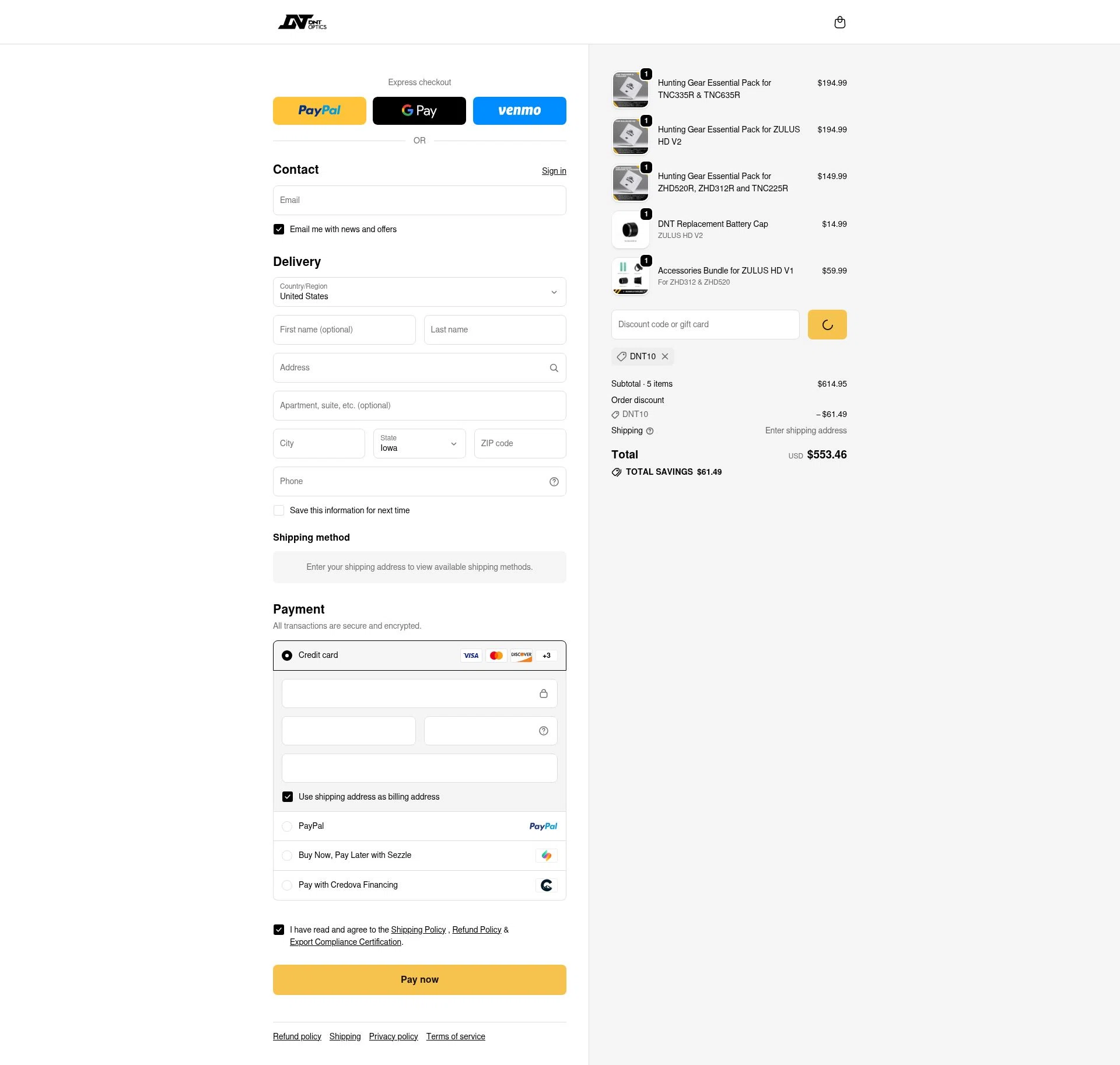 DNT Optics checkout page showing DNT Optics discount code box | Screenshot taken by SimplyCodes community member on Jan 7, 2026