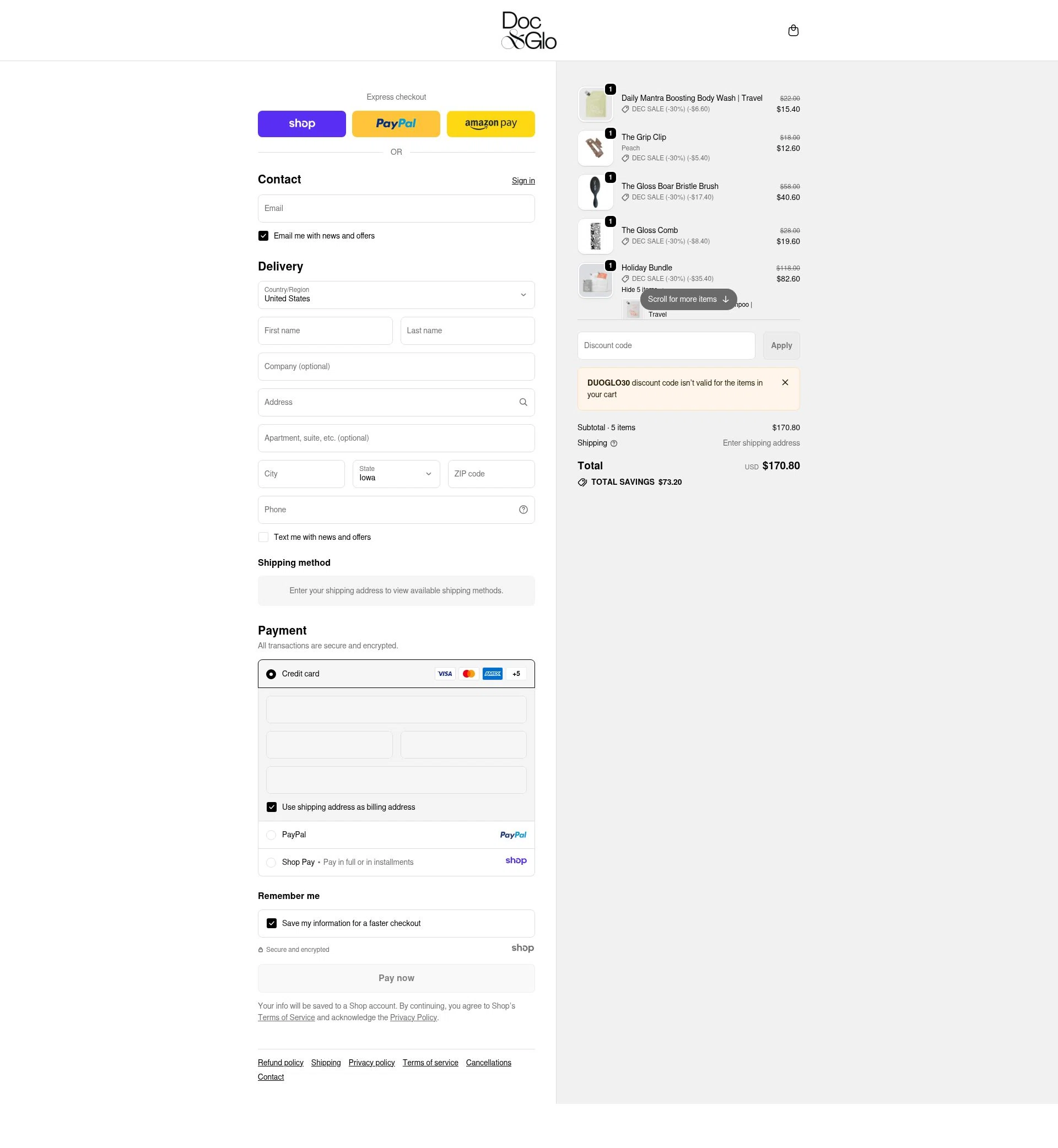 Doc & Glo checkout page showing Doc & Glo promo code box | Screenshot taken by SimplyCodes community member on Dec 17, 2025