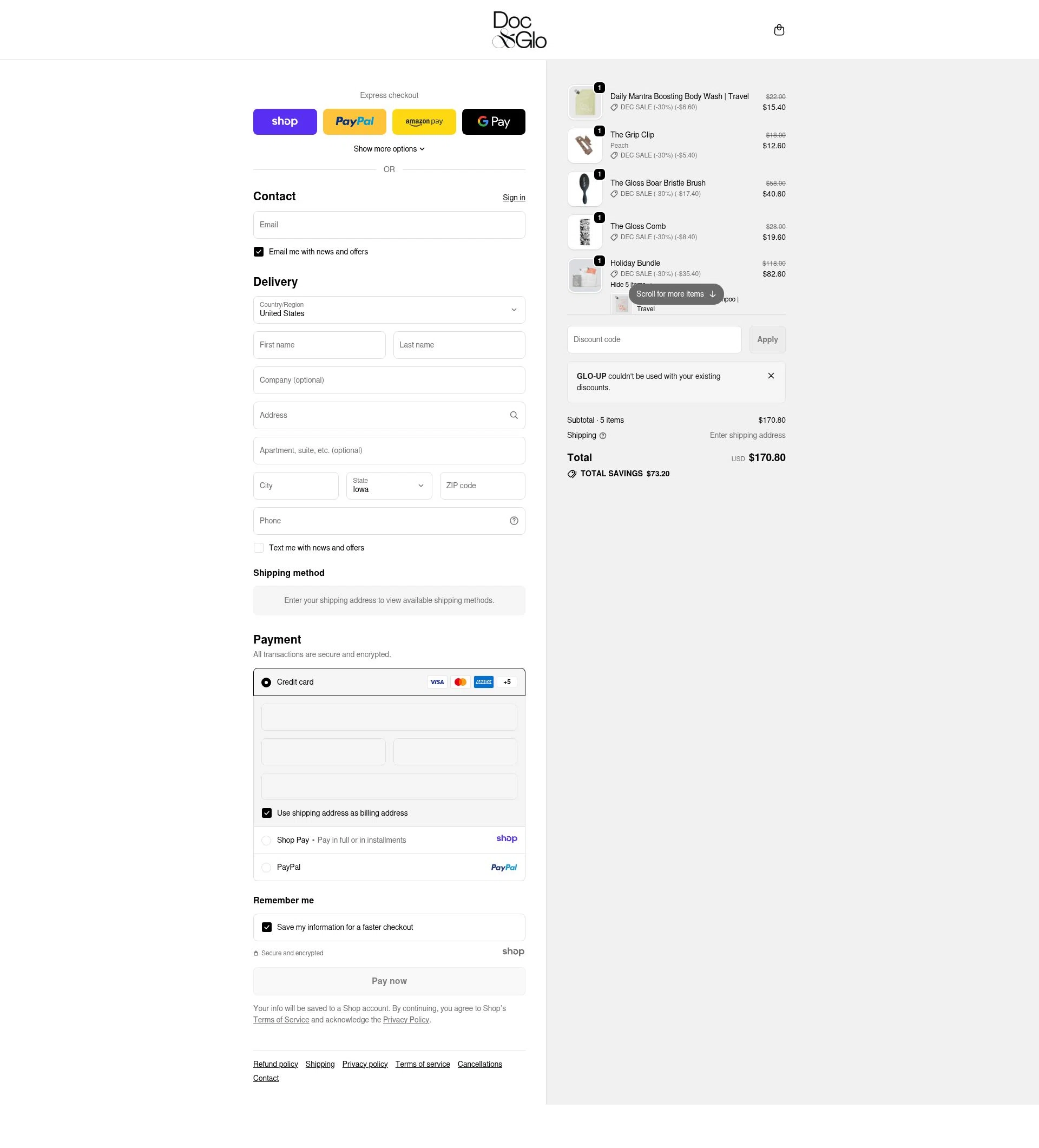 Doc & Glo checkout page showing Doc & Glo promo code box | Screenshot taken by SimplyCodes community member on Dec 28, 2025