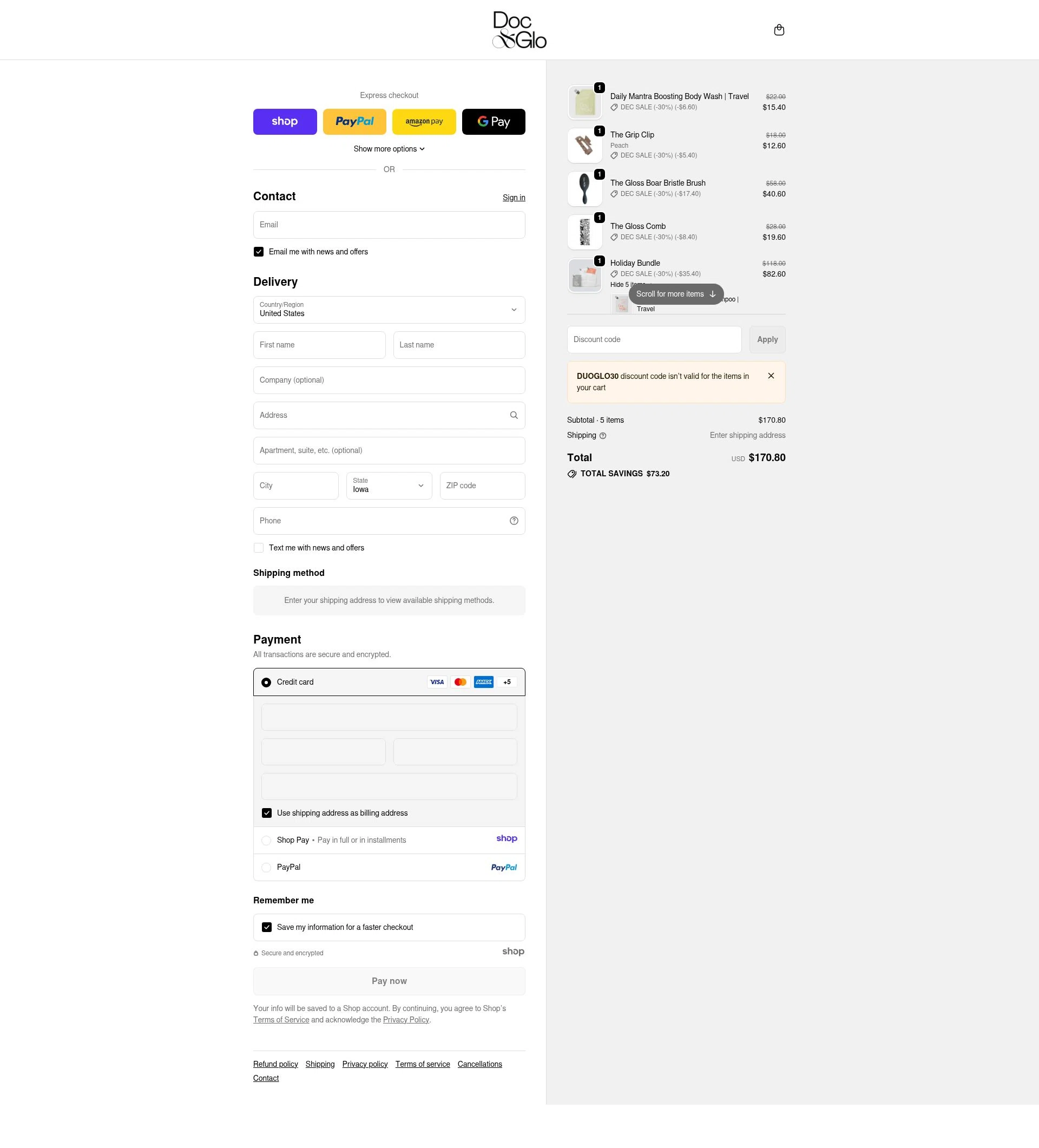 Doc & Glo checkout page showing Doc & Glo promo code box | Screenshot taken by SimplyCodes community member on Dec 28, 2025