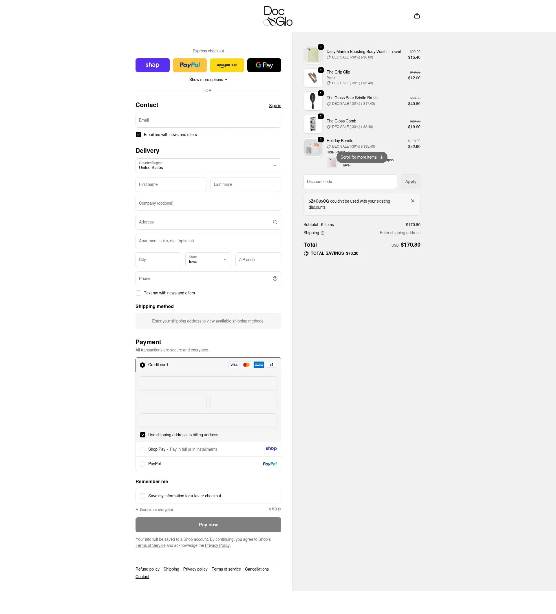 Doc & Glo checkout page showing Doc & Glo promo code box | Screenshot taken by SimplyCodes community member on Dec 28, 2025
