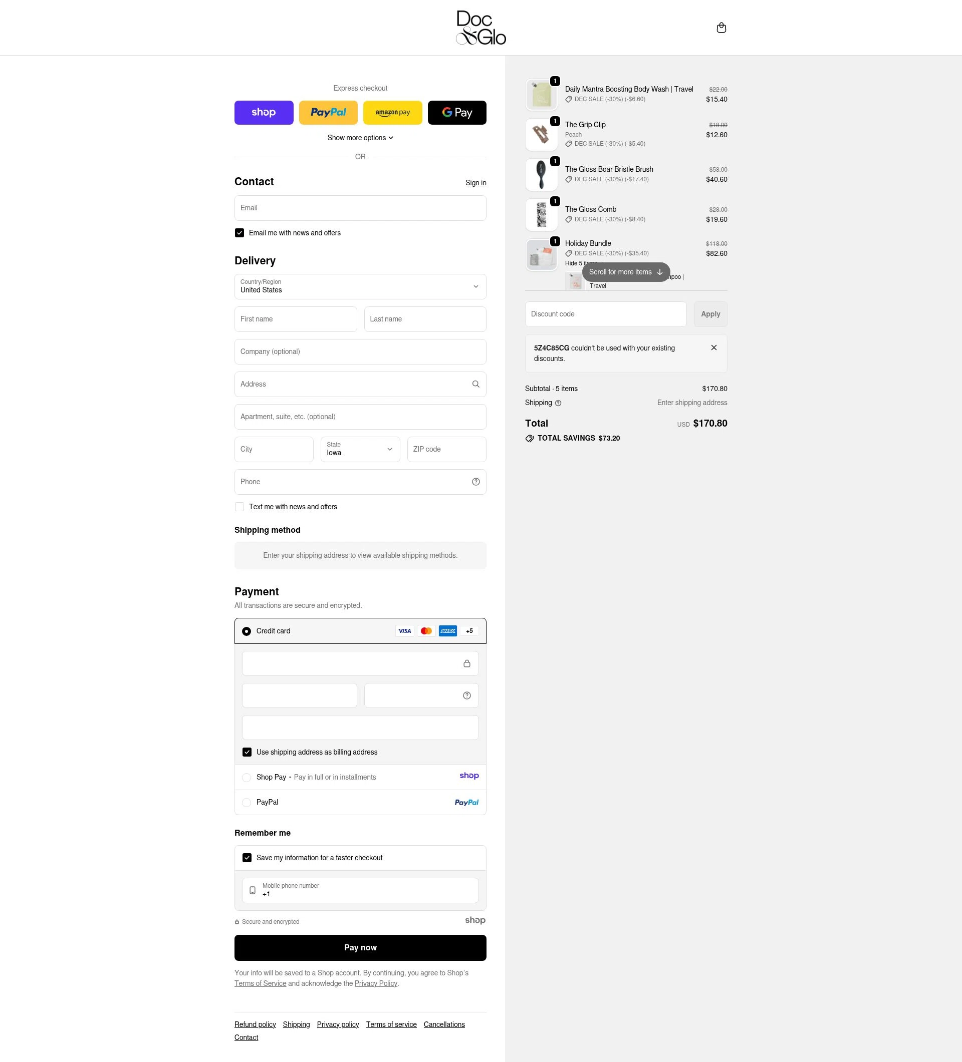 Doc & Glo checkout page showing Doc & Glo promo code box | Screenshot taken by SimplyCodes community member on Dec 23, 2025