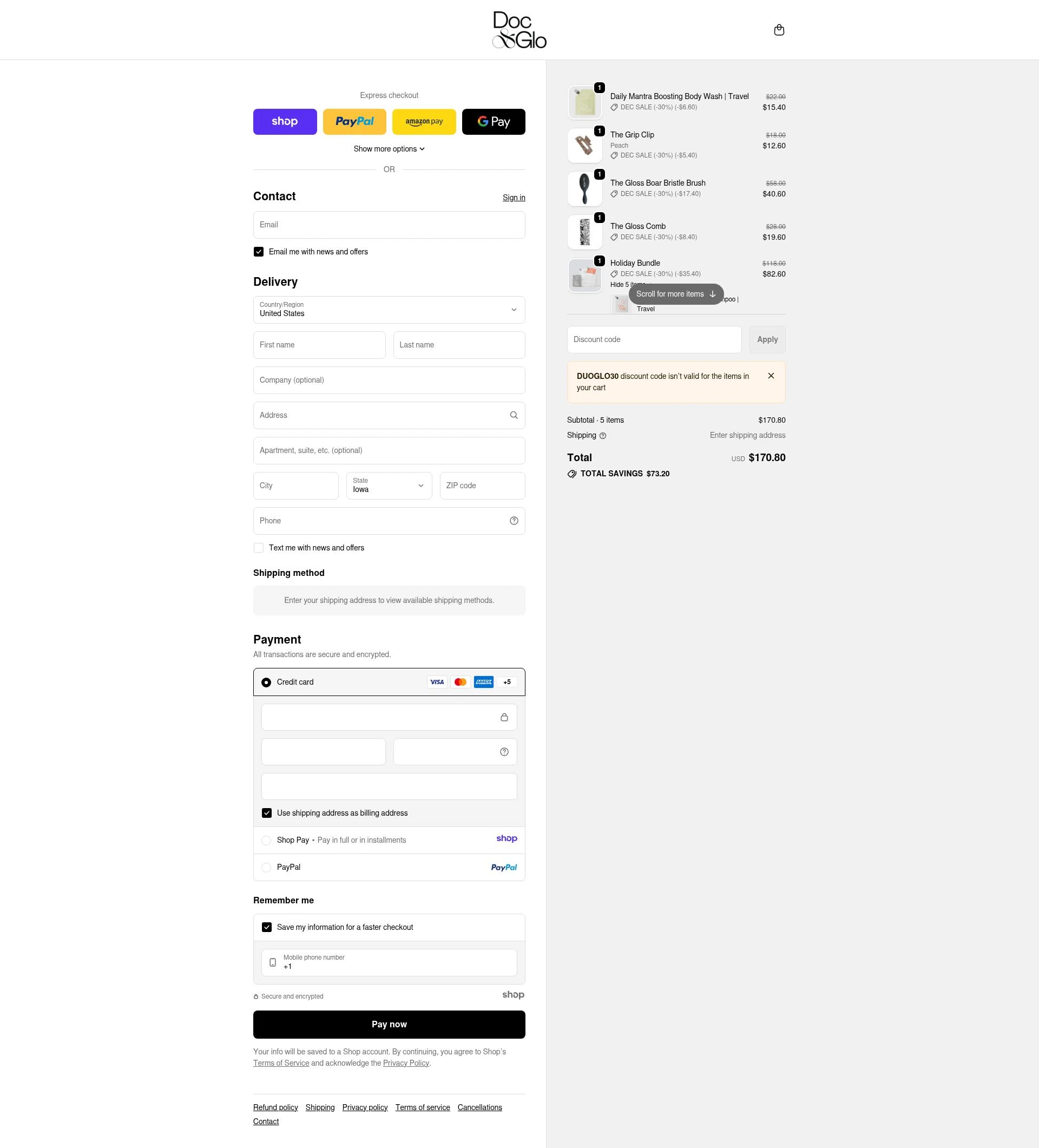 Doc & Glo checkout page showing Doc & Glo promo code box | Screenshot taken by SimplyCodes community member on Dec 23, 2025